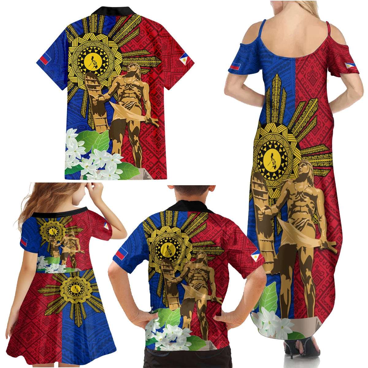 Philippines Lapu Lapu King Jasmine Flowers Family Matching Summer Maxi Dress and Hawaiian Shirt Filipino Sun Tattoo LT03 - Polynesian Pride