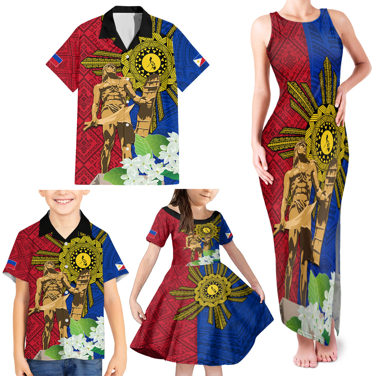 Philippines Lapu Lapu King Jasmine Flowers Family Matching Tank Maxi Dress and Hawaiian Shirt Filipino Sun Tattoo LT03 - Polynesian Pride