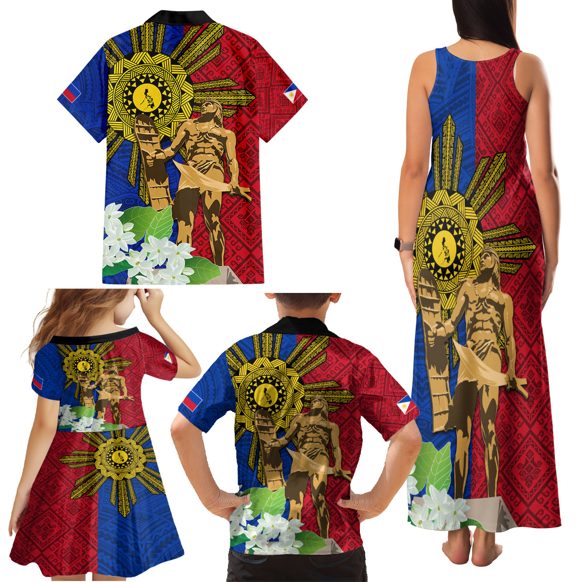 Philippines Lapu Lapu King Jasmine Flowers Family Matching Tank Maxi Dress and Hawaiian Shirt Filipino Sun Tattoo LT03 - Polynesian Pride