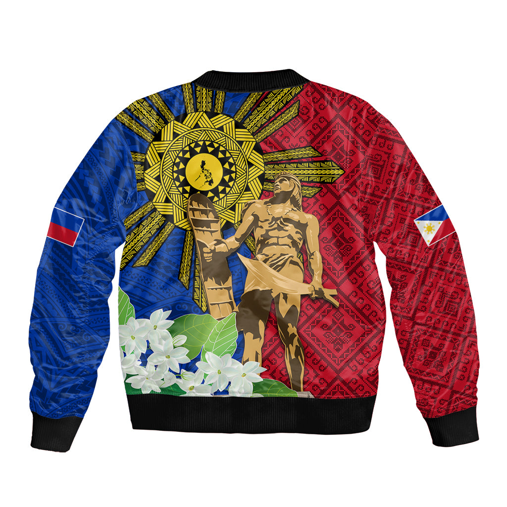 Philippines Lapu Lapu King Jasmine Flowers Sleeve Zip Bomber Jacket Filipino Sun Tattoo