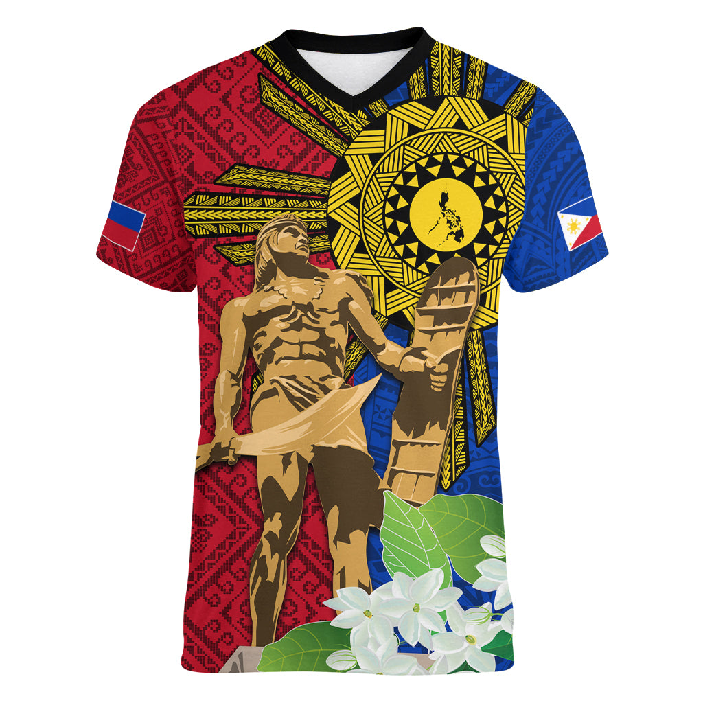 Philippines Lapu Lapu King Jasmine Flowers Women V-Neck T-Shirt Filipino Sun Tattoo