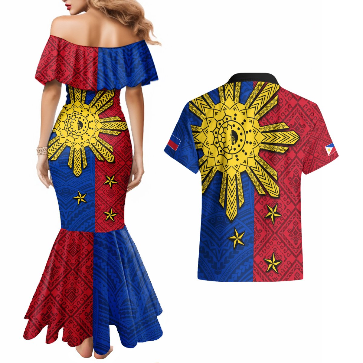 Philippines Sun Batok Tattoo Couples Matching Mermaid Dress and Hawaiian Shirt Polynesian and Yakan Pattern