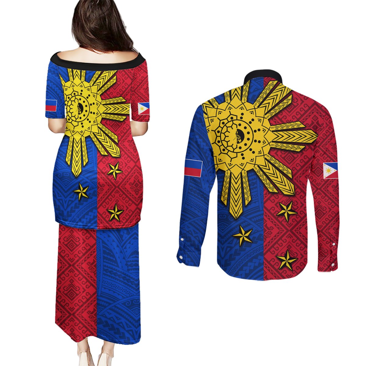 Philippines Sun Batok Tattoo Couples Matching Puletasi and Long Sleeve Button Shirt Polynesian and Yakan Pattern