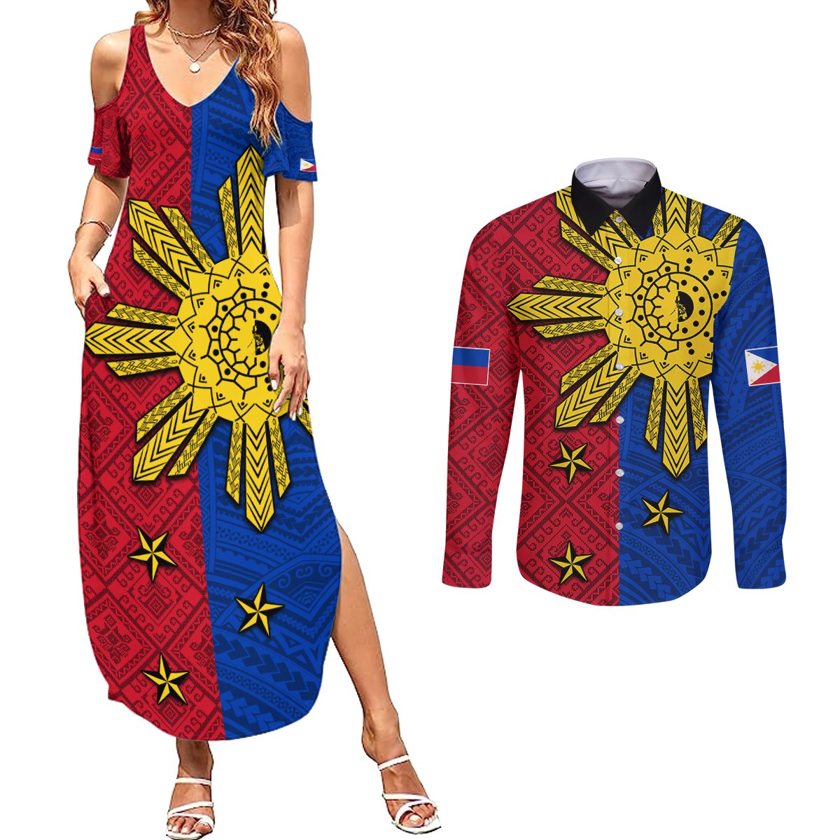 Philippines Sun Batok Tattoo Couples Matching Summer Maxi Dress and Long Sleeve Button Shirt Polynesian and Yakan Pattern
