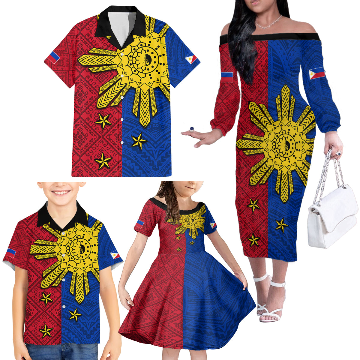Philippines Sun Batok Tattoo Family Matching Off The Shoulder Long Sleeve Dress and Hawaiian Shirt Polynesian and Yakan Pattern LT03 - Polynesian Pride