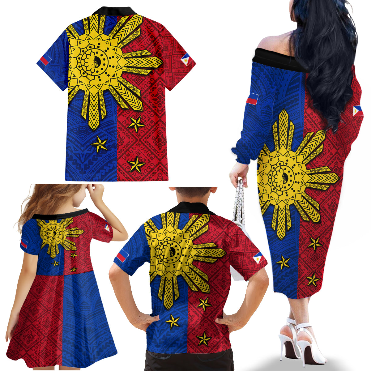 Philippines Sun Batok Tattoo Family Matching Off The Shoulder Long Sleeve Dress and Hawaiian Shirt Polynesian and Yakan Pattern LT03 - Polynesian Pride
