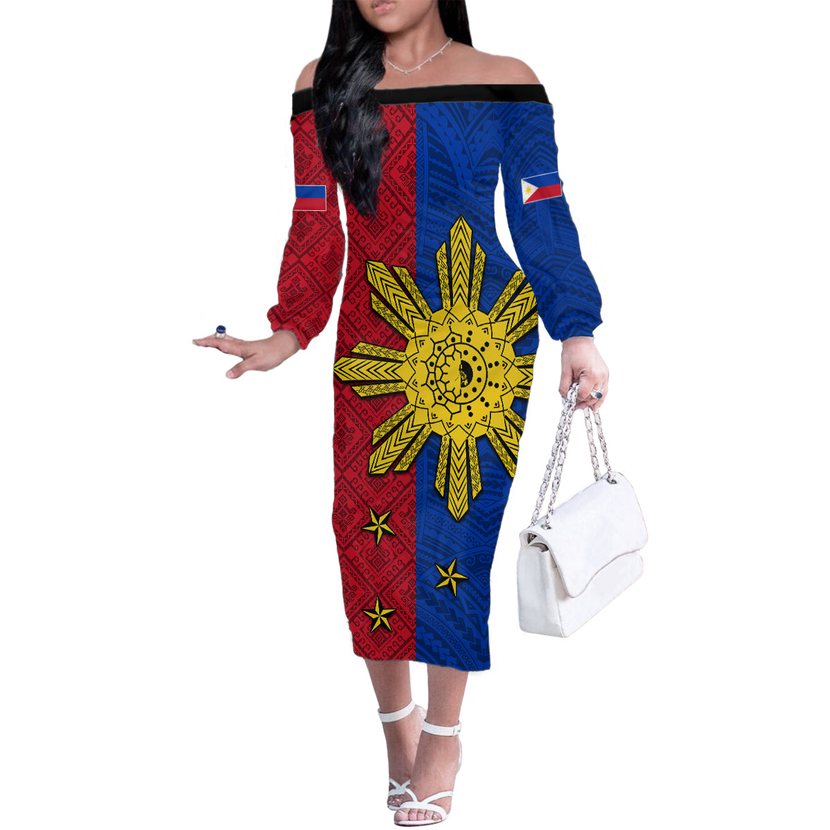 Philippines Sun Batok Tattoo Family Matching Off The Shoulder Long Sleeve Dress and Hawaiian Shirt Polynesian and Yakan Pattern LT03 Mom's Dress Red - Polynesian Pride