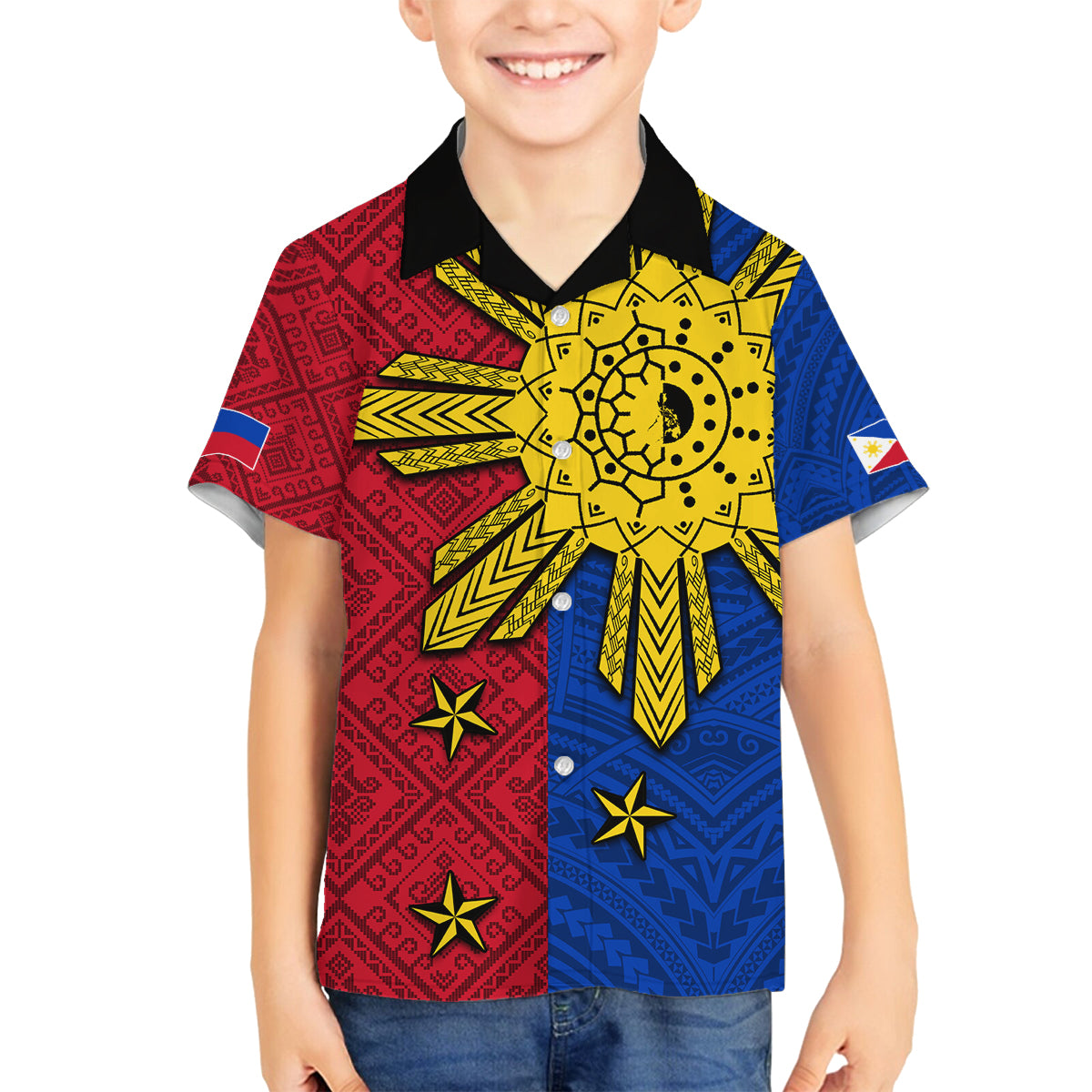 Philippines Sun Batok Tattoo Family Matching Off The Shoulder Long Sleeve Dress and Hawaiian Shirt Polynesian and Yakan Pattern LT03 Son's Shirt Red - Polynesian Pride