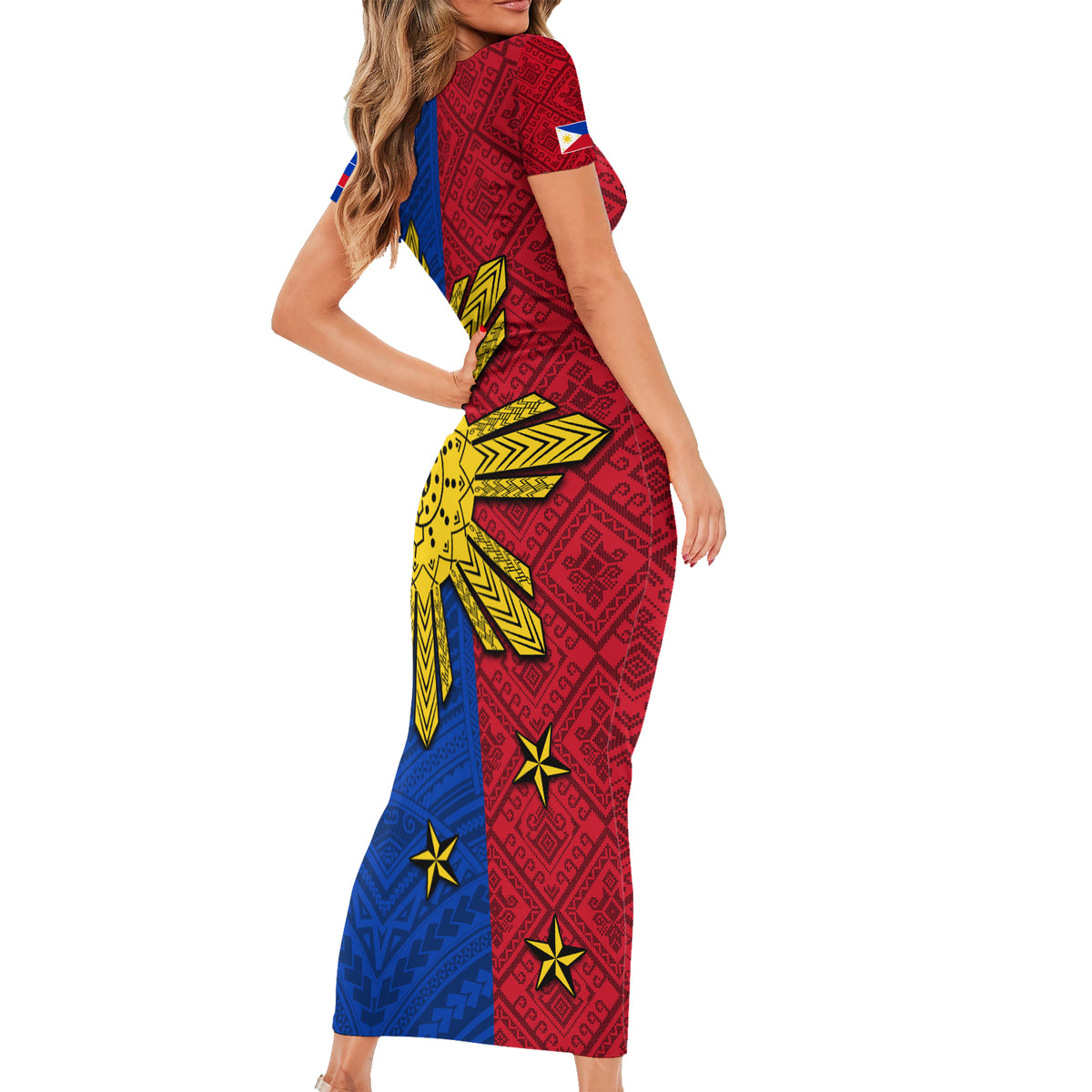 Philippines Sun Batok Tattoo Family Matching Short Sleeve Bodycon Dress and Hawaiian Shirt Polynesian and Yakan Pattern
