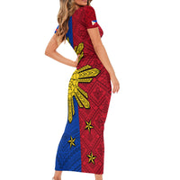 Philippines Sun Batok Tattoo Family Matching Short Sleeve Bodycon Dress and Hawaiian Shirt Polynesian and Yakan Pattern