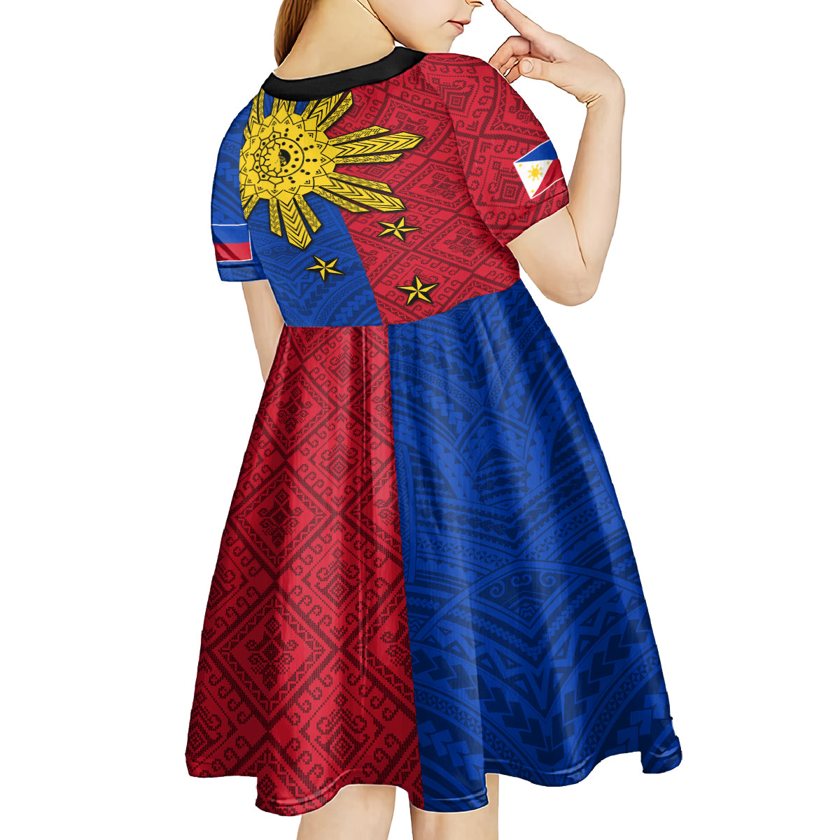 Philippines Sun Batok Tattoo Kid Short Sleeve Dress Polynesian and Yakan Pattern