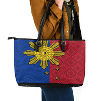 Philippines Sun Batok Tattoo Leather Tote Bag Polynesian and Yakan Pattern