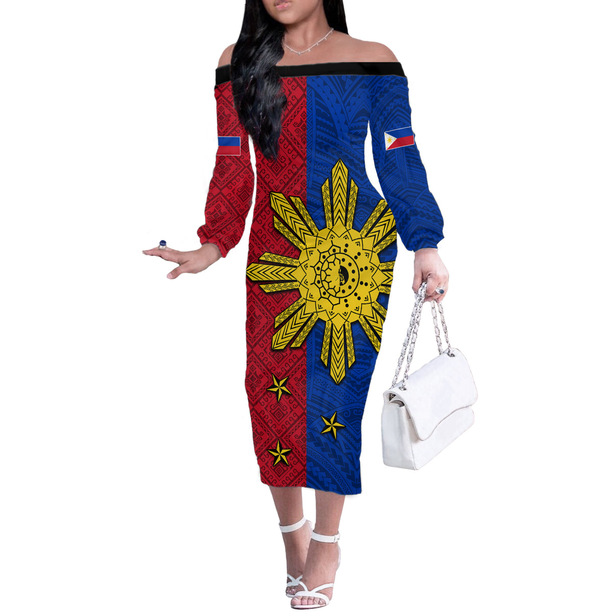 Philippines Sun Batok Tattoo Off The Shoulder Long Sleeve Dress Polynesian and Yakan Pattern LT03 Women Red - Polynesian Pride