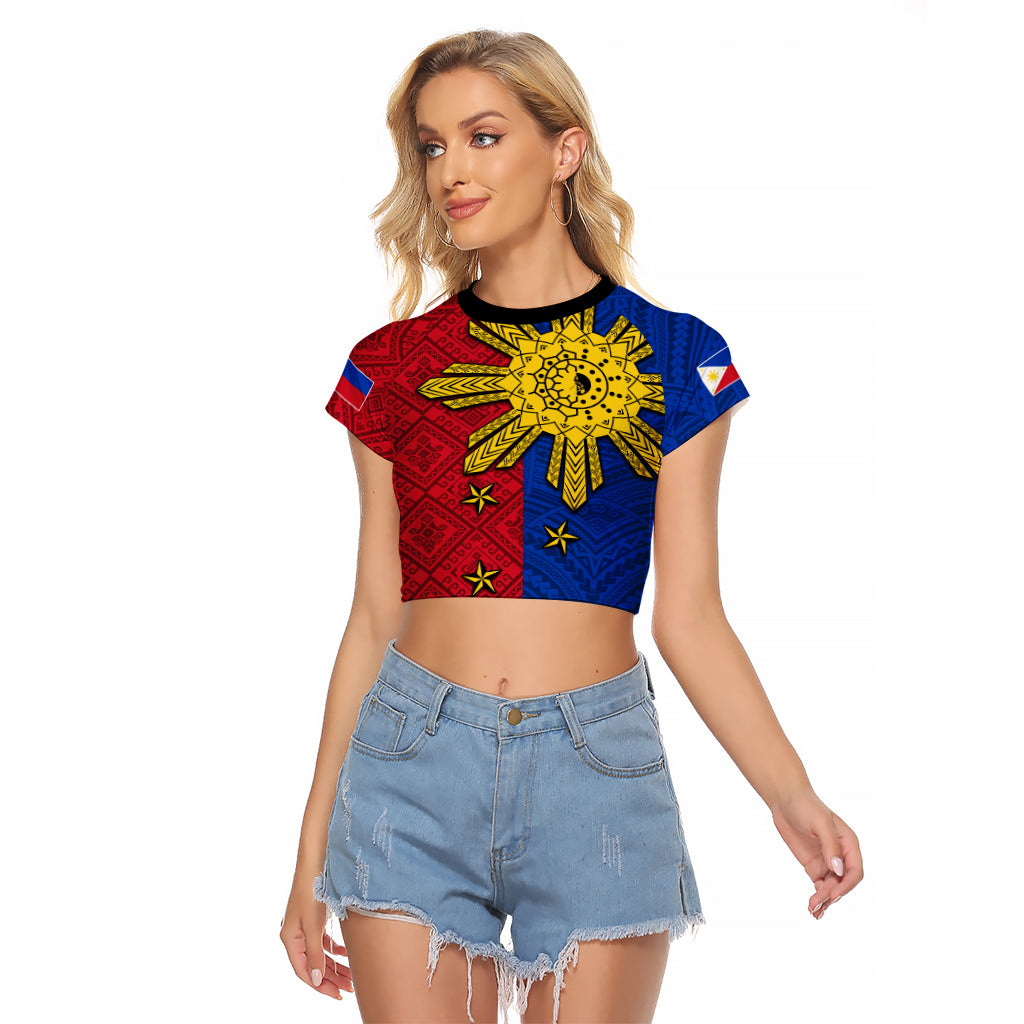 Philippines Sun Batok Tattoo Raglan Cropped T Shirt Polynesian and Yakan Pattern