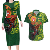 Proud of Manu'a Islands Couples Matching Long Sleeve Bodycon Dress and Hawaiian Shirt Rooster and Polynesian Art Wing Style LT03 Green - Polynesian Pride