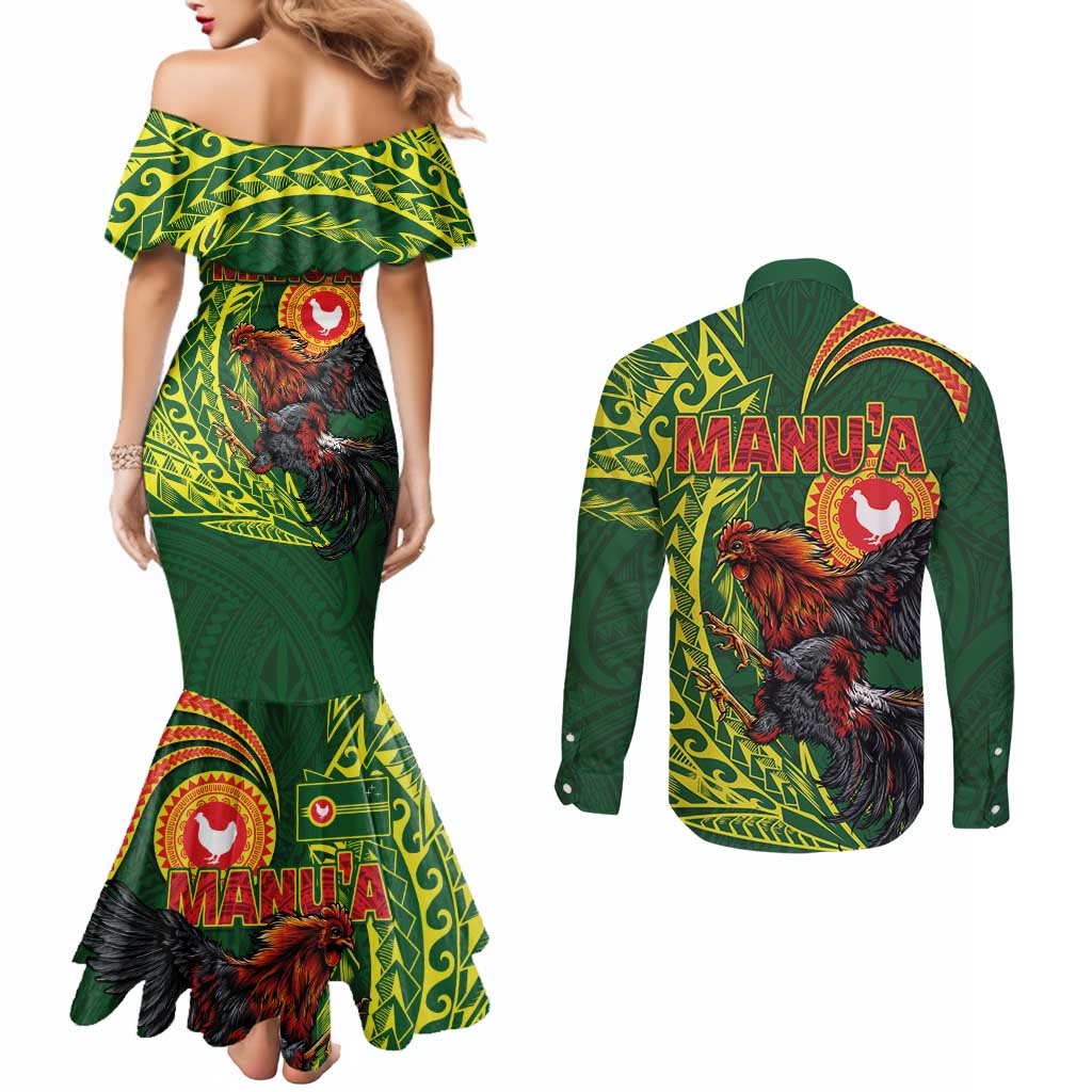 Proud of Manu'a Islands Couples Matching Mermaid Dress and Long Sleeve Button Shirt Rooster and Polynesian Art Wing Style LT03 - Polynesian Pride