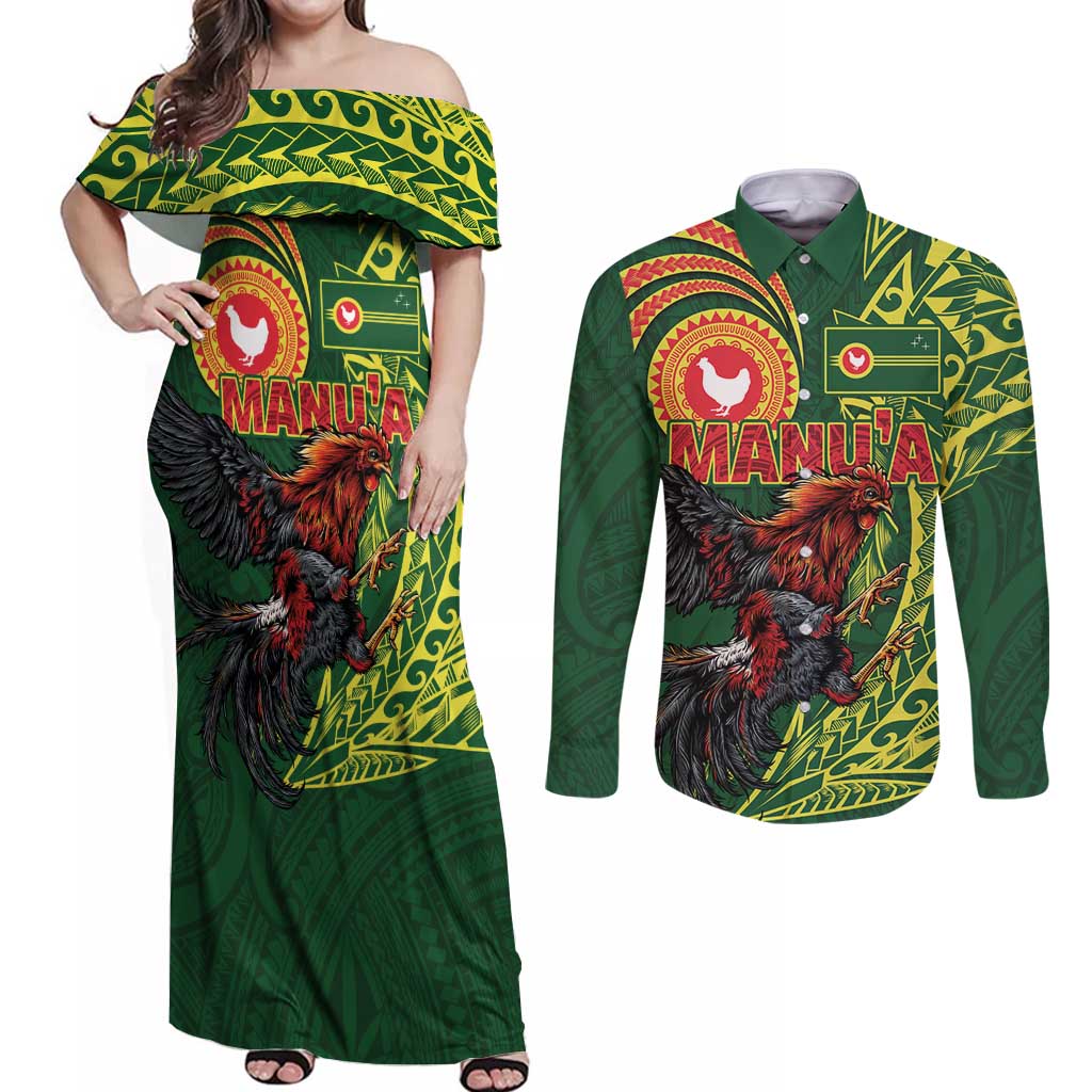 Proud of Manu'a Islands Couples Matching Off Shoulder Maxi Dress and Long Sleeve Button Shirt Rooster and Polynesian Art Wing Style
