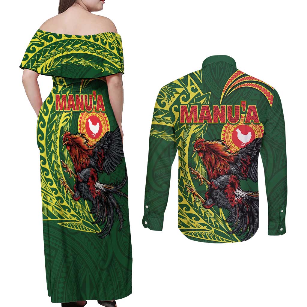 Proud of Manu'a Islands Couples Matching Off Shoulder Maxi Dress and Long Sleeve Button Shirt Rooster and Polynesian Art Wing Style