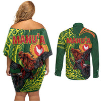 Proud of Manu'a Islands Couples Matching Off Shoulder Short Dress and Long Sleeve Button Shirt Rooster and Polynesian Art Wing Style LT03 - Polynesian Pride