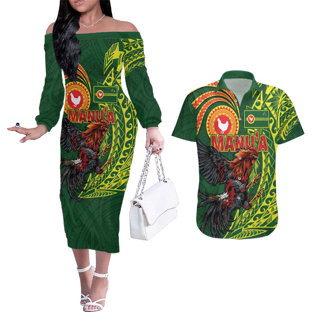 Proud of Manu'a Islands Couples Matching Off The Shoulder Long Sleeve Dress and Hawaiian Shirt Rooster and Polynesian Art Wing Style LT03 Green - Polynesian Pride