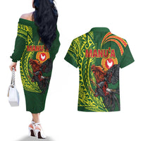 Proud of Manu'a Islands Couples Matching Off The Shoulder Long Sleeve Dress and Hawaiian Shirt Rooster and Polynesian Art Wing Style LT03 - Polynesian Pride