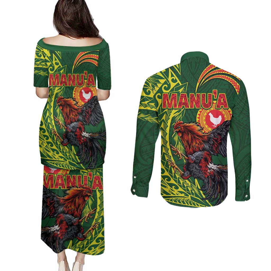 Proud of Manu'a Islands Couples Matching Puletasi and Long Sleeve Button Shirt Rooster and Polynesian Art Wing Style LT03 - Polynesian Pride