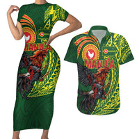Proud of Manu'a Islands Couples Matching Short Sleeve Bodycon Dress and Hawaiian Shirt Rooster and Polynesian Art Wing Style LT03 Green - Polynesian Pride
