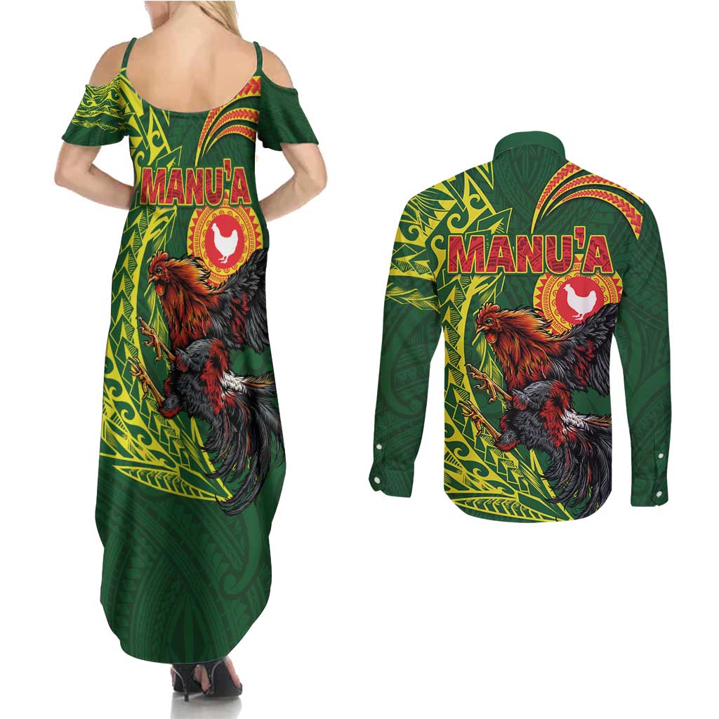 Proud of Manu'a Islands Couples Matching Summer Maxi Dress and Long Sleeve Button Shirt Rooster and Polynesian Art Wing Style
