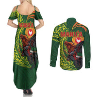Proud of Manu'a Islands Couples Matching Summer Maxi Dress and Long Sleeve Button Shirt Rooster and Polynesian Art Wing Style