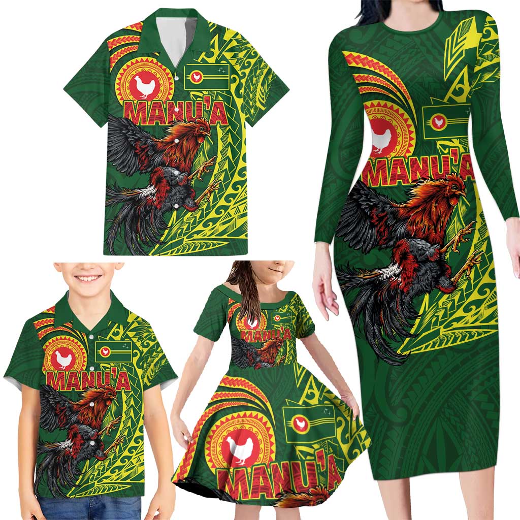 Proud of Manu'a Islands Family Matching Long Sleeve Bodycon Dress and Hawaiian Shirt Rooster and Polynesian Art Wing Style LT03 - Polynesian Pride