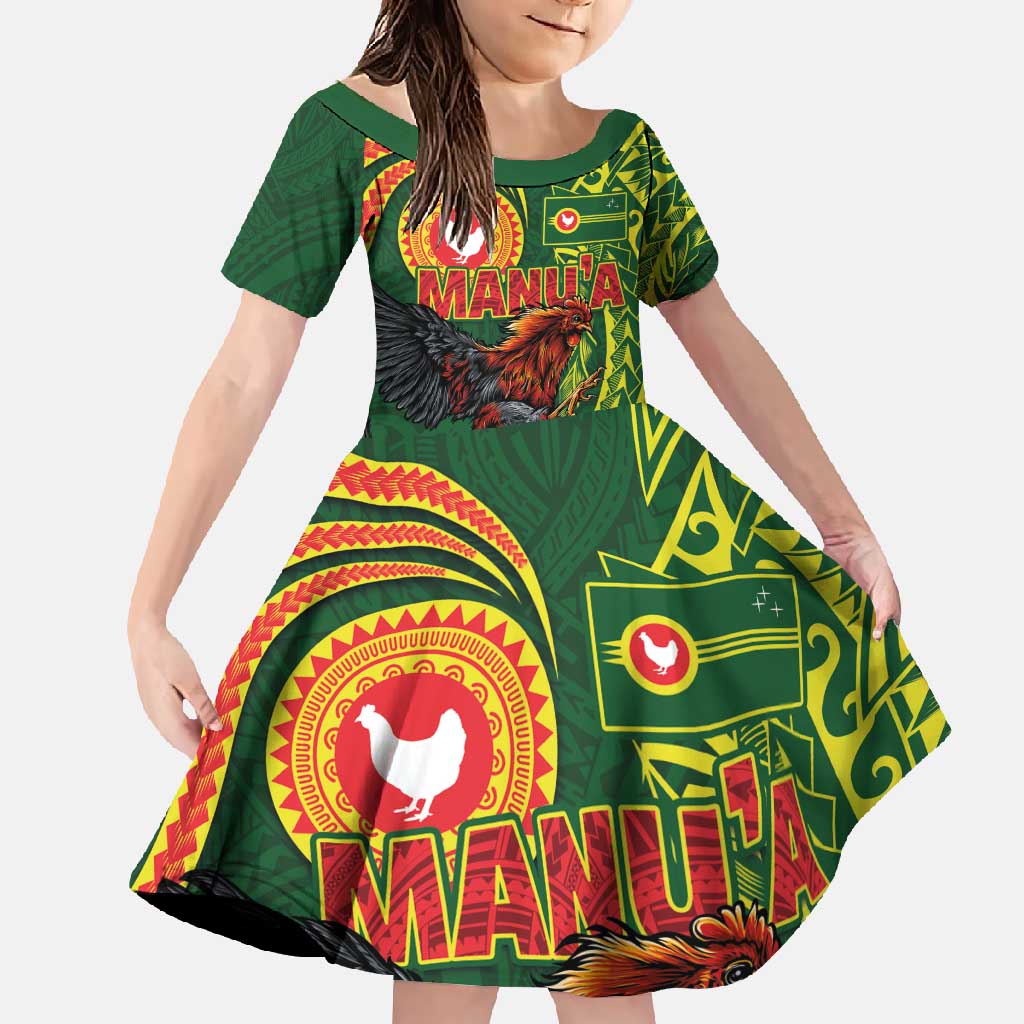 Proud of Manu'a Islands Family Matching Mermaid Dress and Hawaiian Shirt Rooster and Polynesian Art Wing Style LT03 Daughter's Dress Green - Polynesian Pride