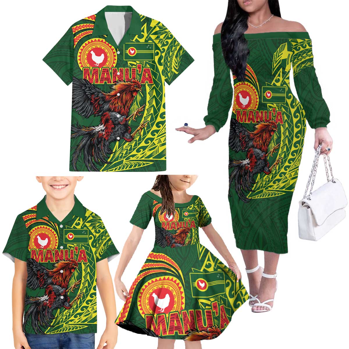 Proud of Manu'a Islands Family Matching Off The Shoulder Long Sleeve Dress and Hawaiian Shirt Rooster and Polynesian Art Wing Style LT03 - Polynesian Pride