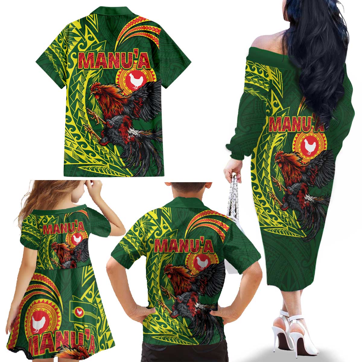 Proud of Manu'a Islands Family Matching Off The Shoulder Long Sleeve Dress and Hawaiian Shirt Rooster and Polynesian Art Wing Style LT03 - Polynesian Pride