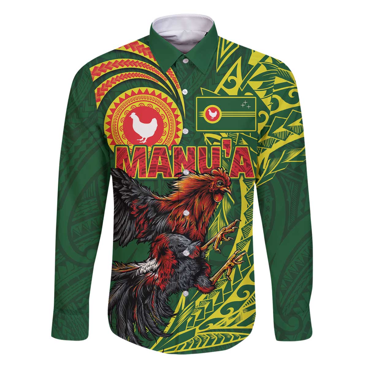 Proud of Manu'a Islands Family Matching Off The Shoulder Long Sleeve Dress and Hawaiian Shirt Rooster and Polynesian Art Wing Style LT03 Dad's Shirt - Long Sleeve Green - Polynesian Pride