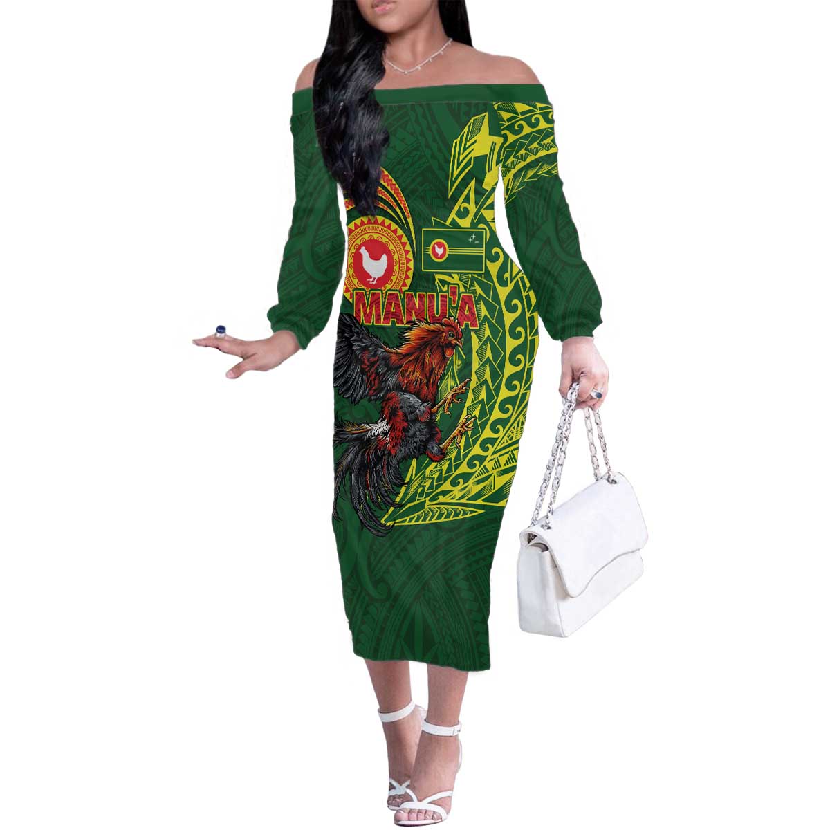 Proud of Manu'a Islands Family Matching Off The Shoulder Long Sleeve Dress and Hawaiian Shirt Rooster and Polynesian Art Wing Style LT03 Mom's Dress Green - Polynesian Pride