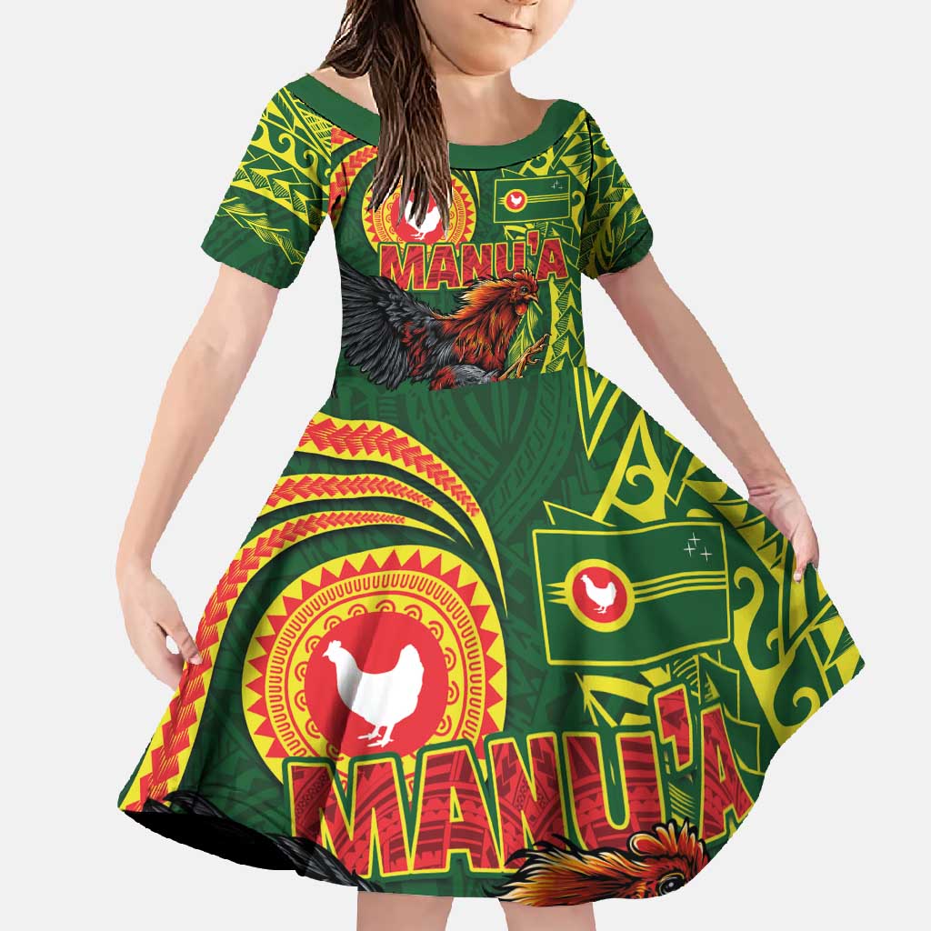 Proud of Manu'a Islands Family Matching Off Shoulder Maxi Dress and Hawaiian Shirt Rooster and Polynesian Art Wing Style LT03 Daughter's Dress Green - Polynesian Pride