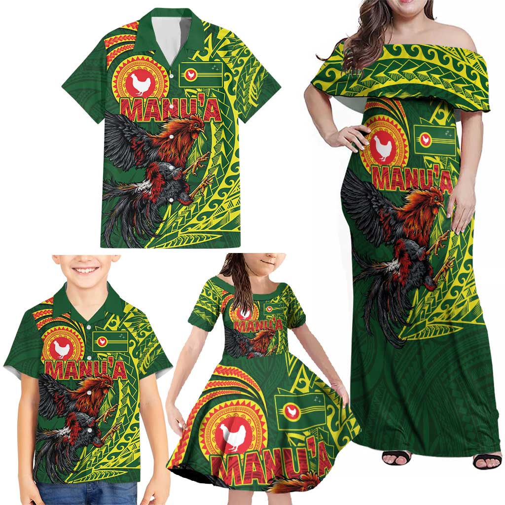 Proud of Manu'a Islands Family Matching Off Shoulder Maxi Dress and Hawaiian Shirt Rooster and Polynesian Art Wing Style LT03 - Polynesian Pride