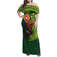 Proud of Manu'a Islands Family Matching Off Shoulder Maxi Dress and Hawaiian Shirt Rooster and Polynesian Art Wing Style LT03 Mom's Dress Green - Polynesian Pride