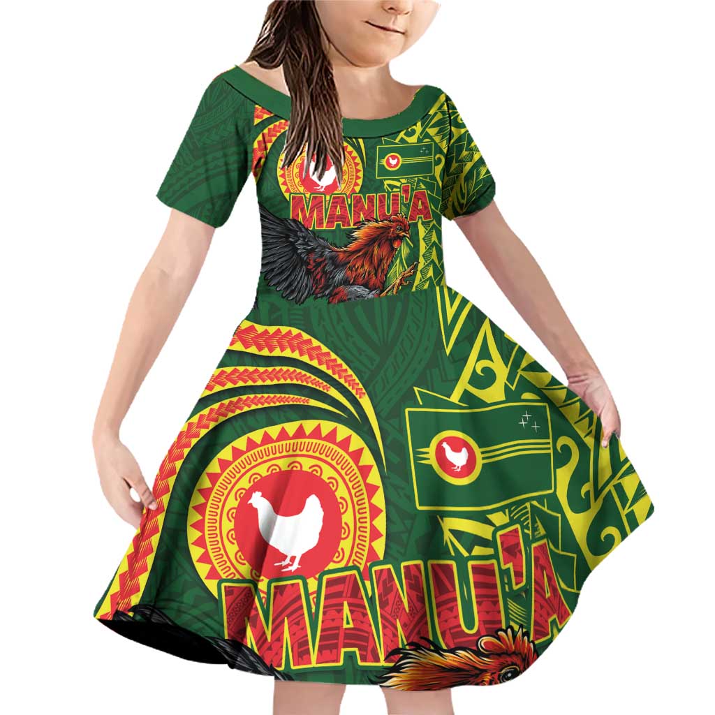 Proud of Manu'a Islands Family Matching Off Shoulder Short Dress and Hawaiian Shirt Rooster and Polynesian Art Wing Style LT03 Daughter's Dress Green - Polynesian Pride
