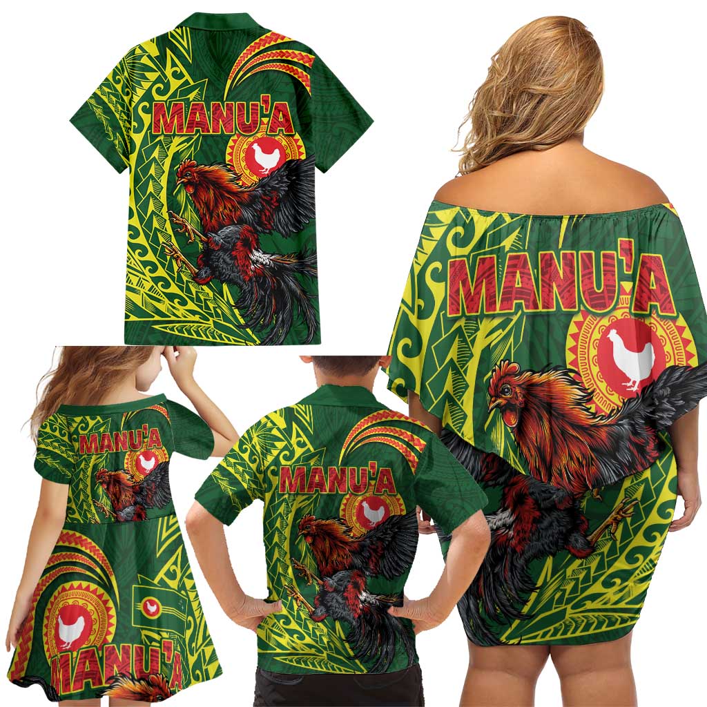 Proud of Manu'a Islands Family Matching Off Shoulder Short Dress and Hawaiian Shirt Rooster and Polynesian Art Wing Style LT03 - Polynesian Pride