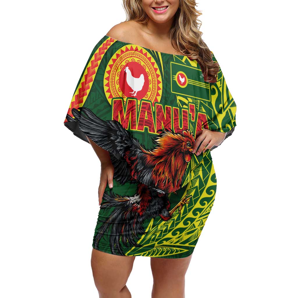 Proud of Manu'a Islands Family Matching Off Shoulder Short Dress and Hawaiian Shirt Rooster and Polynesian Art Wing Style LT03 Mom's Dress Green - Polynesian Pride