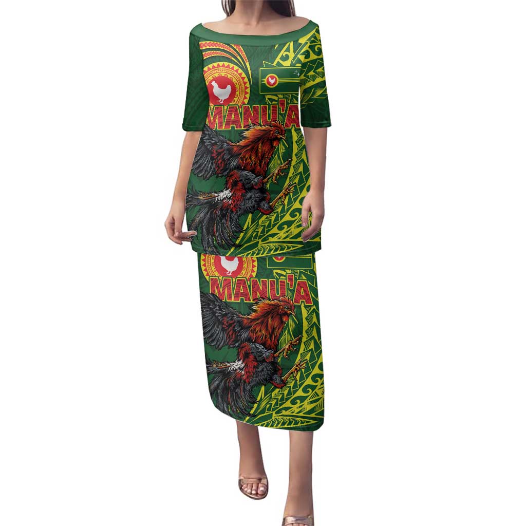 Proud of Manu'a Islands Family Matching Puletasi and Hawaiian Shirt Rooster and Polynesian Art Wing Style LT03 Mom's Dress Green - Polynesian Pride