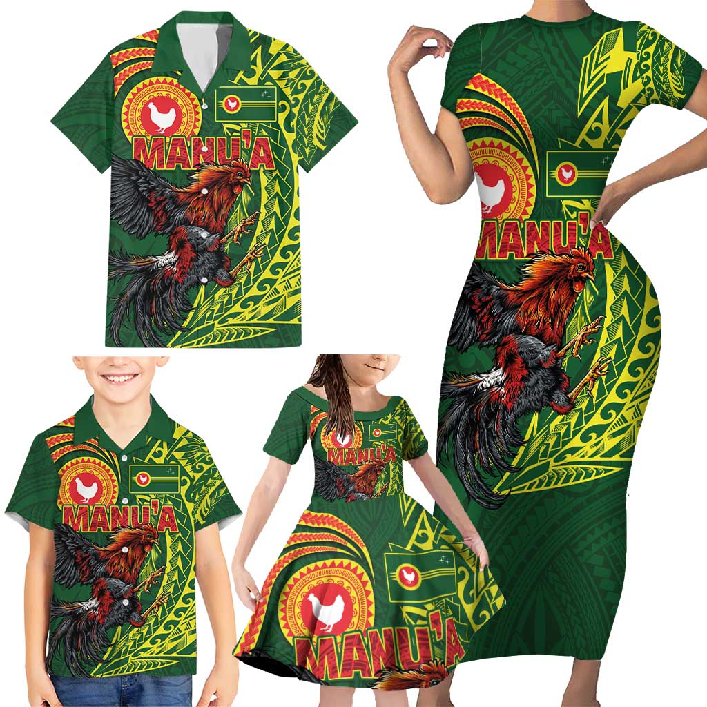 Proud of Manu'a Islands Family Matching Short Sleeve Bodycon Dress and Hawaiian Shirt Rooster and Polynesian Art Wing Style LT03 - Polynesian Pride