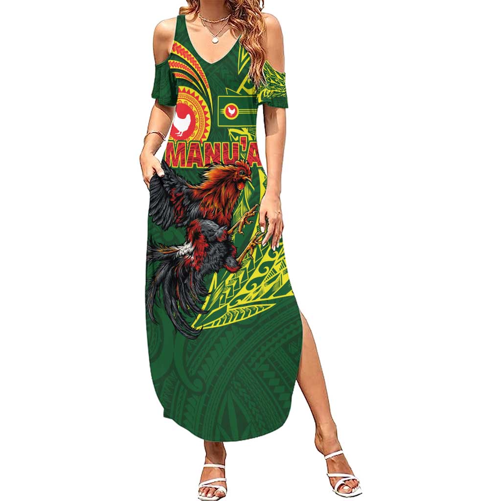 Proud of Manu'a Islands Family Matching Summer Maxi Dress and Hawaiian Shirt Rooster and Polynesian Art Wing Style LT03 Mom's Dress Green - Polynesian Pride