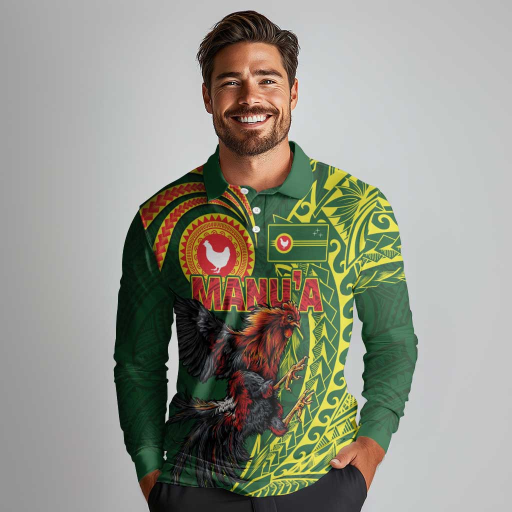 Proud of Manu'a Islands Long Sleeve Polo Shirt Rooster and Polynesian Art Wing Style