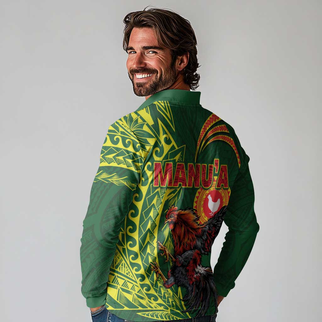 Proud of Manu'a Islands Long Sleeve Polo Shirt Rooster and Polynesian Art Wing Style