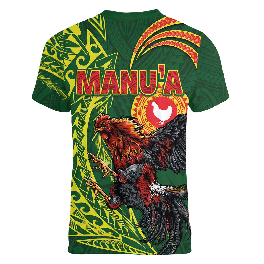 Proud of Manu'a Islands Women V-Neck T-Shirt Rooster and Polynesian Art Wing Style