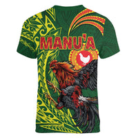 Proud of Manu'a Islands Women V-Neck T-Shirt Rooster and Polynesian Art Wing Style