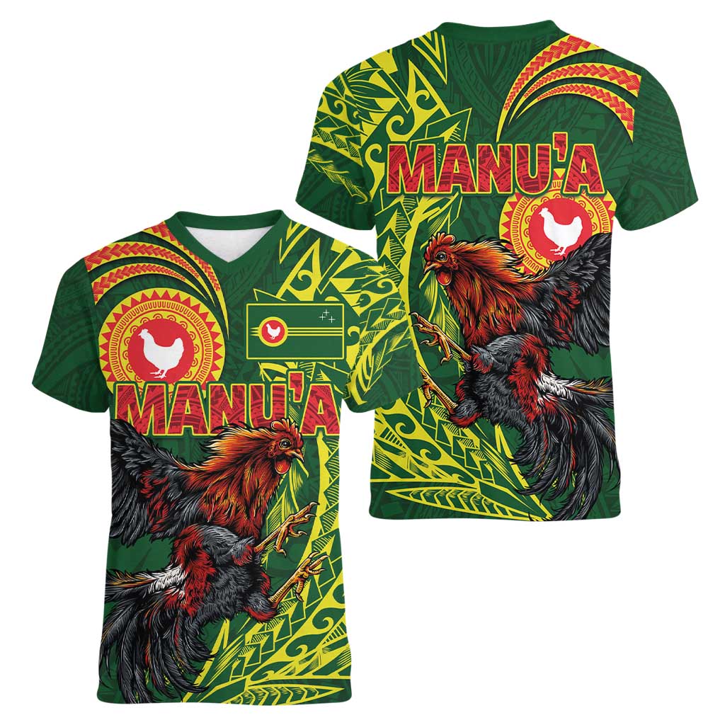 Proud of Manu'a Islands Women V-Neck T-Shirt Rooster and Polynesian Art Wing Style