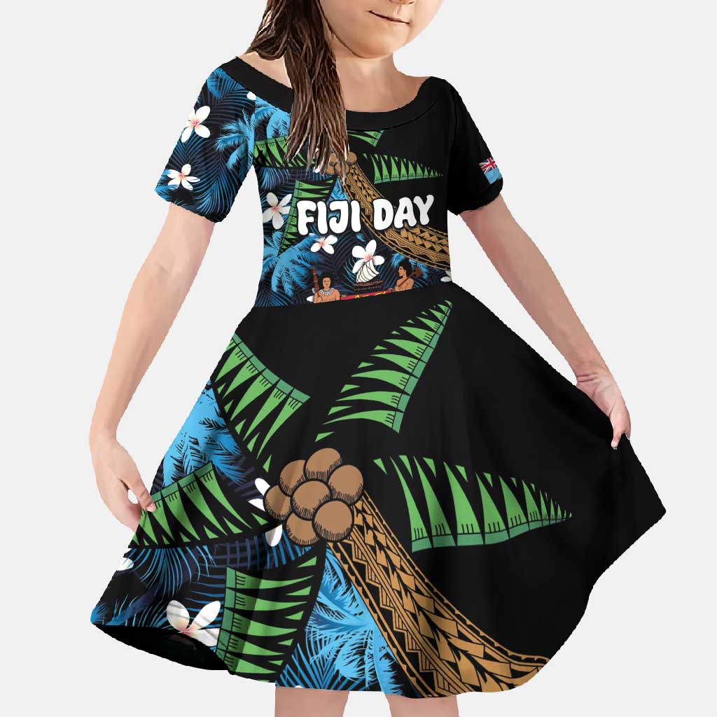 Fiji Day Family Matching Long Sleeve Bodycon Dress and Hawaiian Shirt Palm Tree With Plumeria Tapa Tribal Pattern LT03 Daughter's Dress Blue - Polynesian Pride